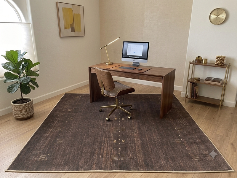 7' x 7' Square Brown Gold Solid Textured Contemporary Washable Area Rug