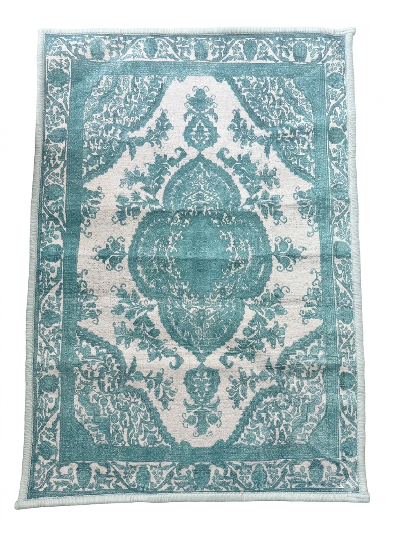 2' x 3' Rectangular Aqua Ivory Distressed Medallion Traditional Washable Area Rug