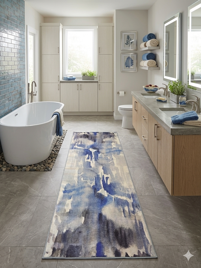 3' x 8' Runner Blue Gray Abstract Watercolor Modern Washable Area Rug