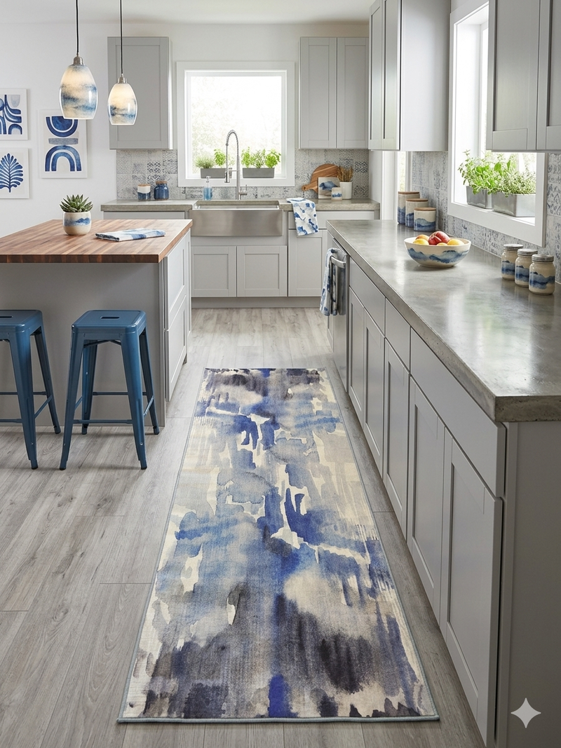 3' x 8' Runner Blue Gray Abstract Watercolor Modern Washable Area Rug